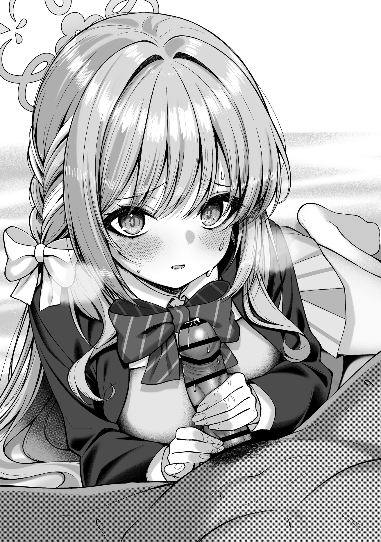 fukemachi, miyo (blue archive), blue archive, commentary request, highres, paid reward available, textless version, 1boy, 1girl, bar censor, bow, bowtie, braid, breasts, breasts out, censored, clothed female nude male, diagonal-striped bow, diagonal-striped bowtie, diagonal-striped clothes, dutch angle, erection, eyelashes, flower halo, furrowed brow, greyscale, hair between eyes, hair bow, hair intakes, hair ribbon, halo, handjob, hetero, jacket, large breasts, long hair, long sleeves, looking at another, lying, male pubic hair, miniskirt, monochrome, nude, on side, open clothes, open jacket, open mouth, open shirt, penis, pleated skirt, pov, pov crotch, precum, pubic hair, ribbon, ribbon braid, school uniform, sidelocks, skirt, solo, solo focus, striped bow, striped bowtie, striped clothes, sweat, tsurime, very long hair