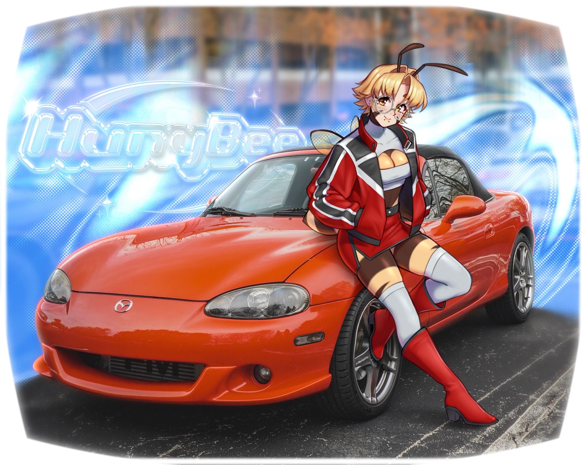 mazda, original, highres, 1girl, arthropod girl, artist name, bee girl, bee wings, blonde hair, blurry, blurry background, boots, breasts, brown eyes, car, cleavage, cleavage cutout, clothing cutout, earrings, face piercing, glasses, grey-framed eyewear, hands in pockets, high heel boots, high heels, hunybee, insect girl, insect wings, jacket, jewelry, knee boots, large breasts, looking at viewer, motor vehicle, mouth piercing, outdoors, piercing, red boots, red jacket, red skirt, round eyewear, short hair, side slit, skirt, solo, standing, thighhighs, white thighhighs, wings