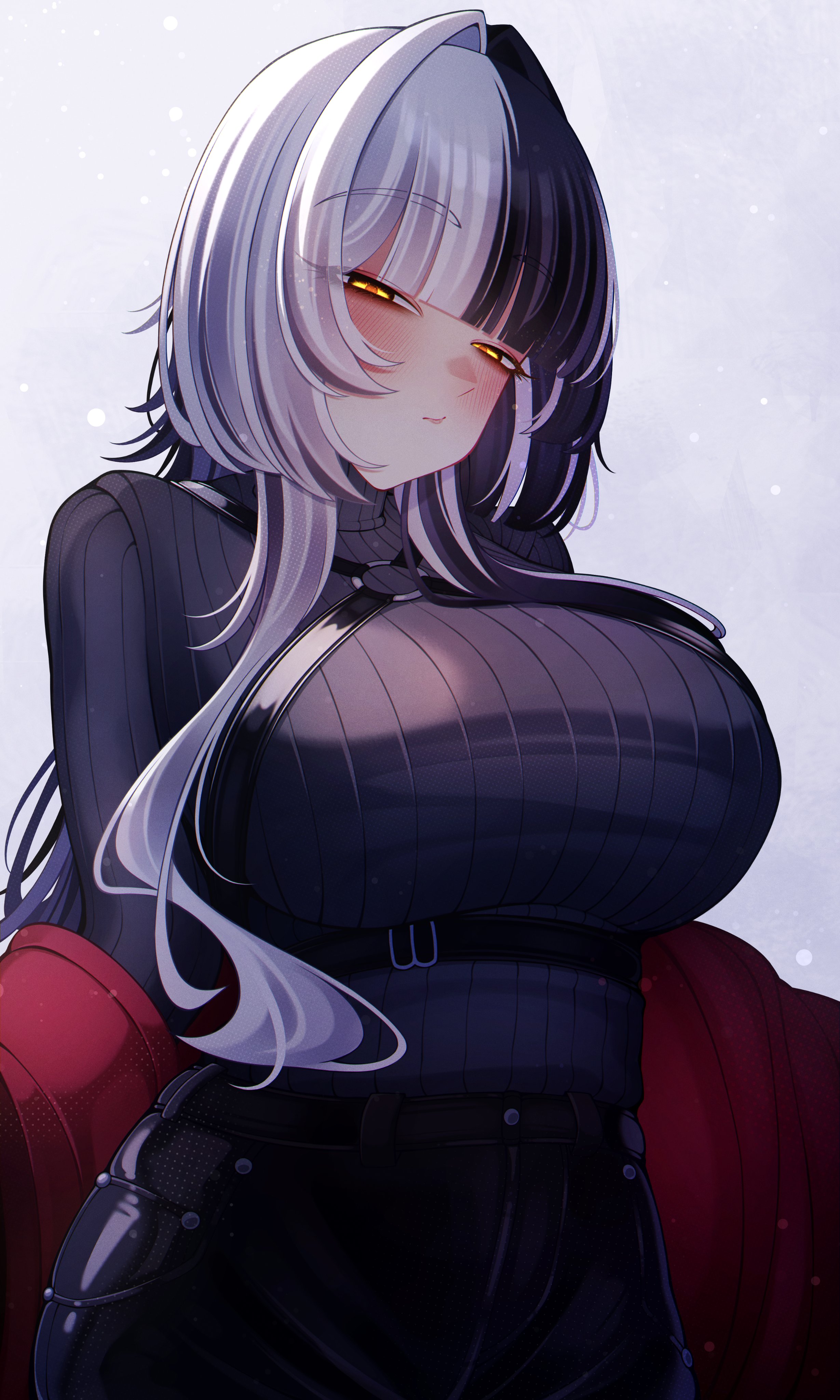 craymer, shiori novella, hololive, hololive english, absurdres, highres, 1girl, alternate costume, black hair, black pants, breasts, chest harness, grey hair, grey sweater, harness, jacket, large breasts, leather, leather pants, leather strap, long hair, looking at viewer, multicolored hair, o-ring, o-ring harness, pants, red jacket, removing jacket, ribbed sweater, simple background, solo, split-color hair, sweater, turtleneck, two-tone hair, virtual youtuber, white background, yellow eyes