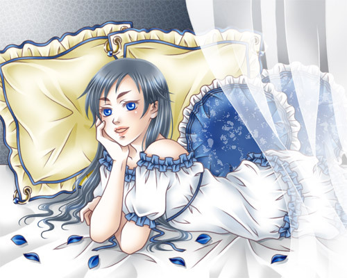diva, diva (blood+), blood+, lowres, 00s, 1girl, bed, black hair, blue eyes, blue flower, blue rose, dress, female focus, flower, frilled pillow, frills, indoors, lips, long hair, lying, petals, pillow, rose, solo, white dress