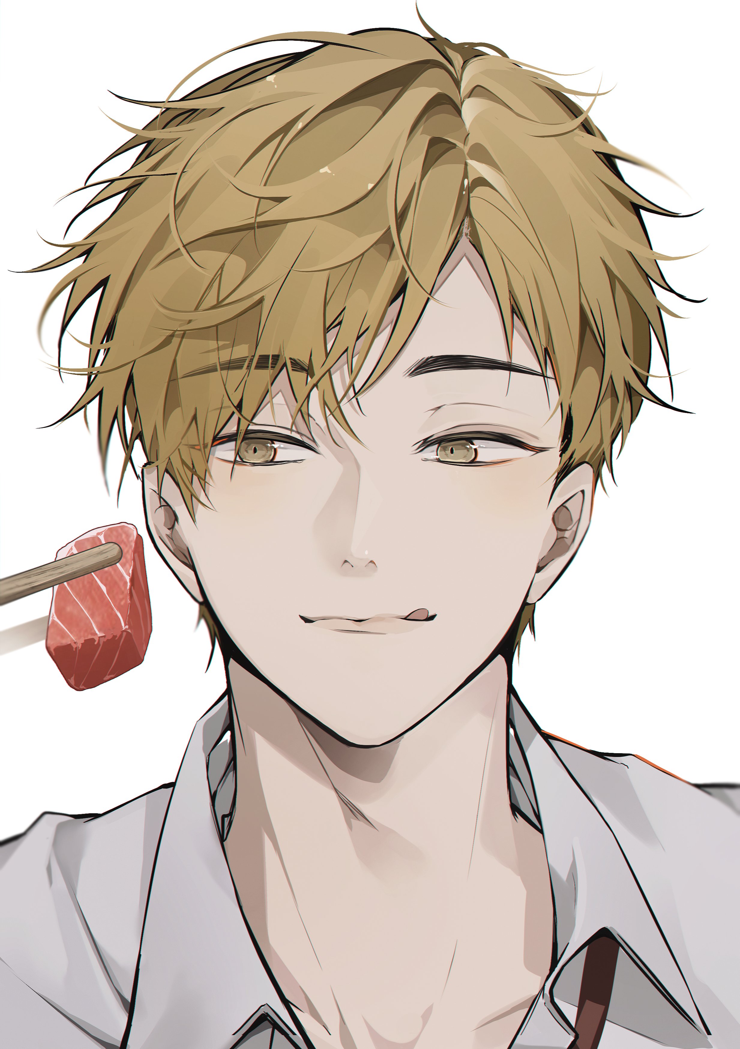 myanya, miya atsumu, haikyuu!!, absurdres, commentary request, highres, korean commentary, 1boy, :q, blonde hair, chopsticks, closed mouth, collared shirt, dot pupils, holding, holding chopsticks, lips, male focus, mismatched eyebrows, shirt, short hair, solo, tongue, tongue out, white shirt