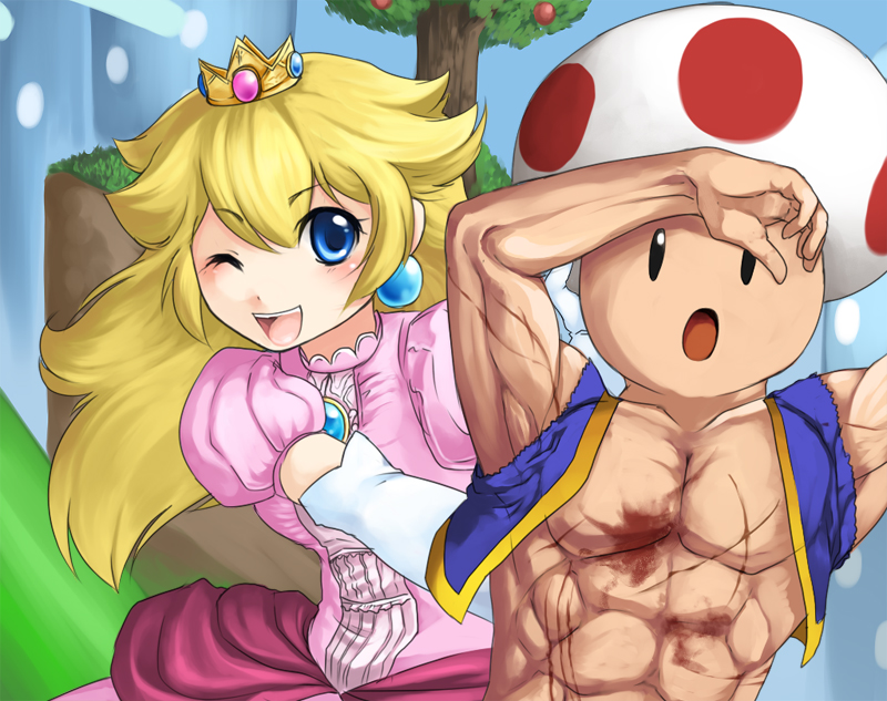 re k (erakunai.jp), princess peach, toad (mario), mario (series), nintendo, super smash bros., bad id, bad pixiv id, 1girl, blonde hair, blue eyes, brooch, crown, dress, earrings, gloves, jewelry, manly, muscular, one eye closed, pink dress, scar, shield, wink