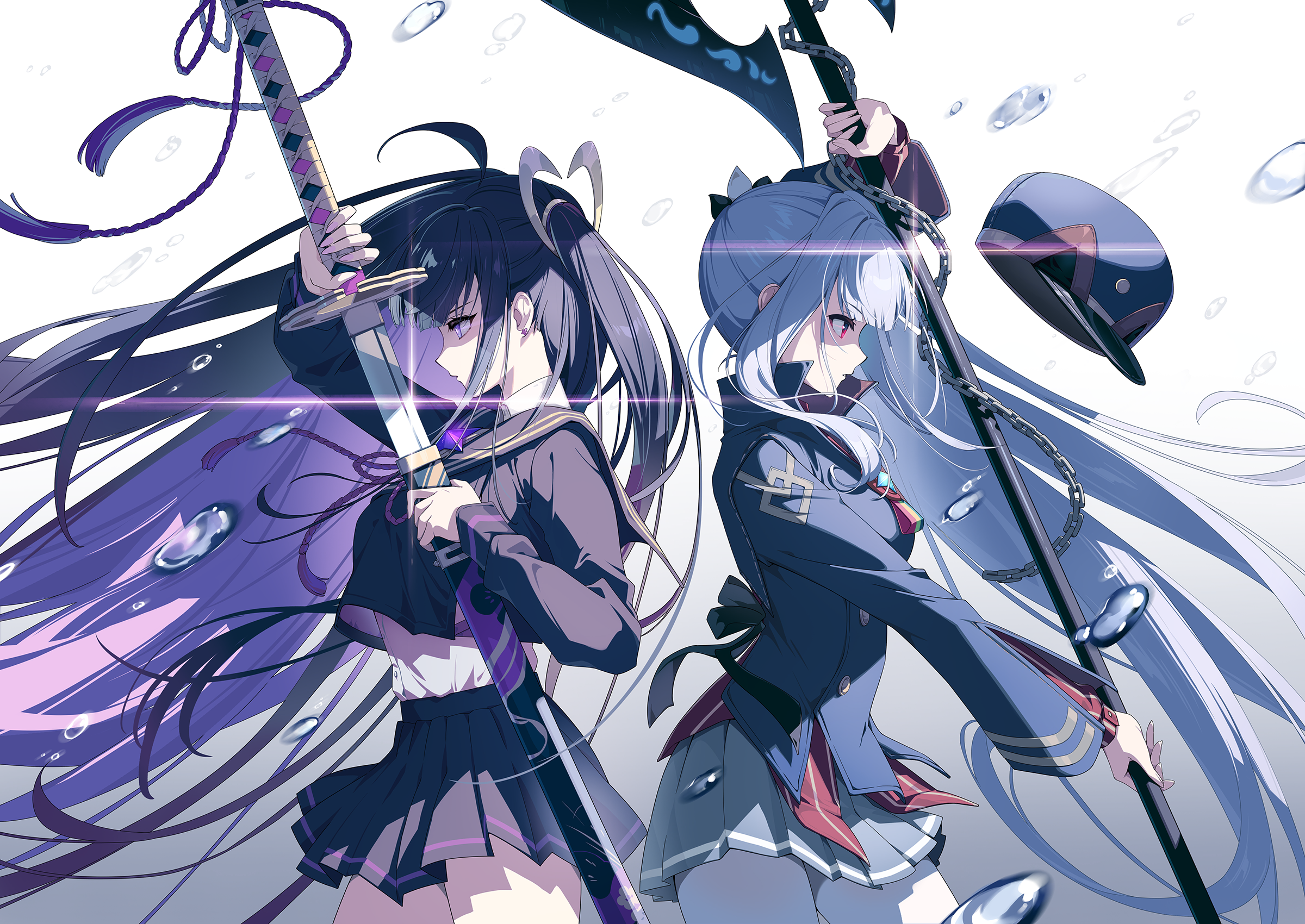 chitose (stella sora), freesia (stella sora), stella sora, game cg, highres, non-web source, official art, 2girls, ahoge, back-to-back, black hair, black sailor collar, black serafuku, black shirt, black skirt, blue hat, blue jacket, breasts, buttons, chain, collared shirt, colored inner hair, cowboy shot, double-breasted, dress shirt, glint, gradient background, grey background, grey hair, grey skirt, hat, holding, holding sheath, holding sword, holding weapon, jacket, katana, large breasts, long sidelocks, long sleeves, medium breasts, miniskirt, multicolored hair, multiple girls, one side up, parted lips, pinstripe pattern, pinstripe shirt, pleated skirt, purple eyes, purple hair, red eyes, red shirt, sailor collar, school uniform, serafuku, sheath, shirt, side ponytail, sidelocks, simple background, skirt, sword, unsheathing, water, weapon, white background, white shirt