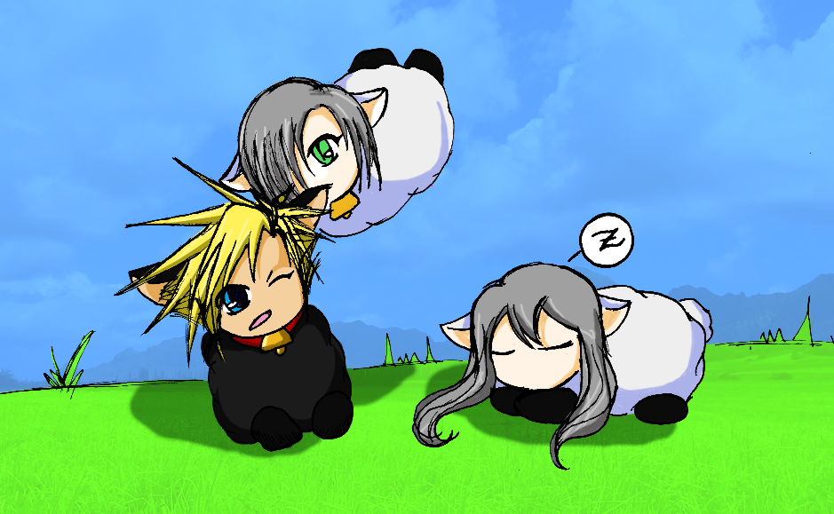 cloud strife, kadaj, yazoo, final fantasy, final fantasy vii, final fantasy vii advent children, silver hair, 00s, 1990s (style), 3boys, animal ears, biting, blonde hair, blue eyes, chibi, collar, green eyes, male focus, multiple boys, one eye closed, sheep