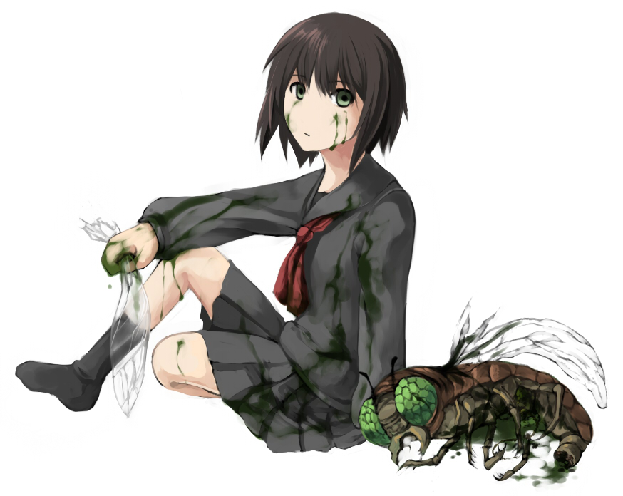 re k (erakunai.jp), original, bad id, bad pixiv id, 1girl, black hair, black serafuku, black shirt, black skirt, black socks, bug, female focus, green eyes, green hair, long sleeves, looking at viewer, miniskirt, monster, neckerchief, no shoes, pleated skirt, sailor collar, school, school uniform, serafuku, shirt, short hair, simple background, sitting, skirt, socks, solo, white background
