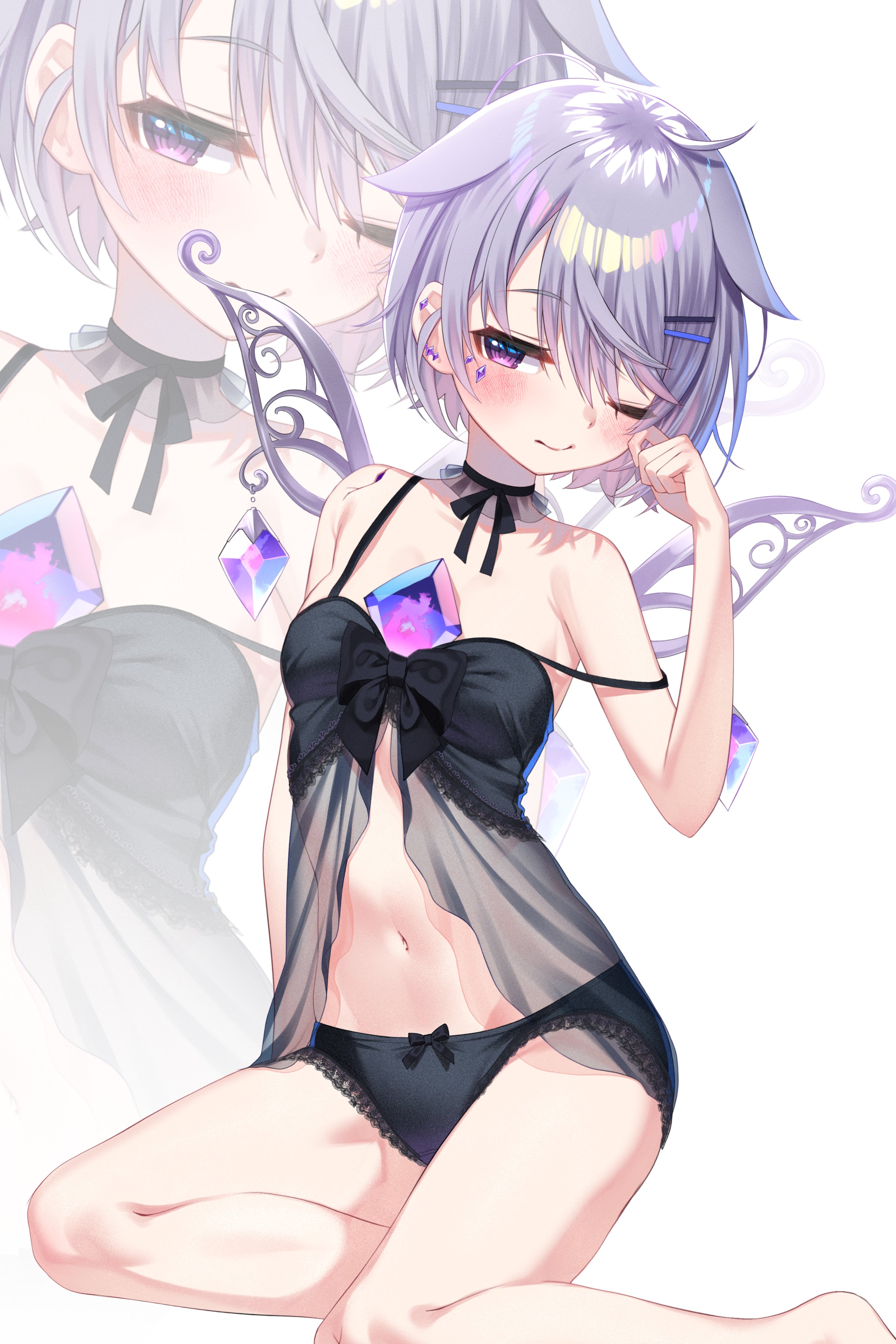 lightenbee, koseki bijou, hololive, hololive english, absurdres, highres, 1girl, alternate costume, babydoll, black babydoll, black panties, black ribbon, breasts, chest jewel, grey hair, jewel under eye, metal wings, navel, neck ribbon, one eye closed, panties, purple eyes, ribbon, short hair, small breasts, solo, strap slip, underwear, virtual youtuber, zoom layer