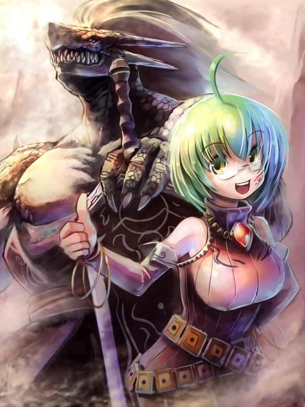 edobox, original, ahoge, glasses, green hair, long hair, monster, sword, weapon