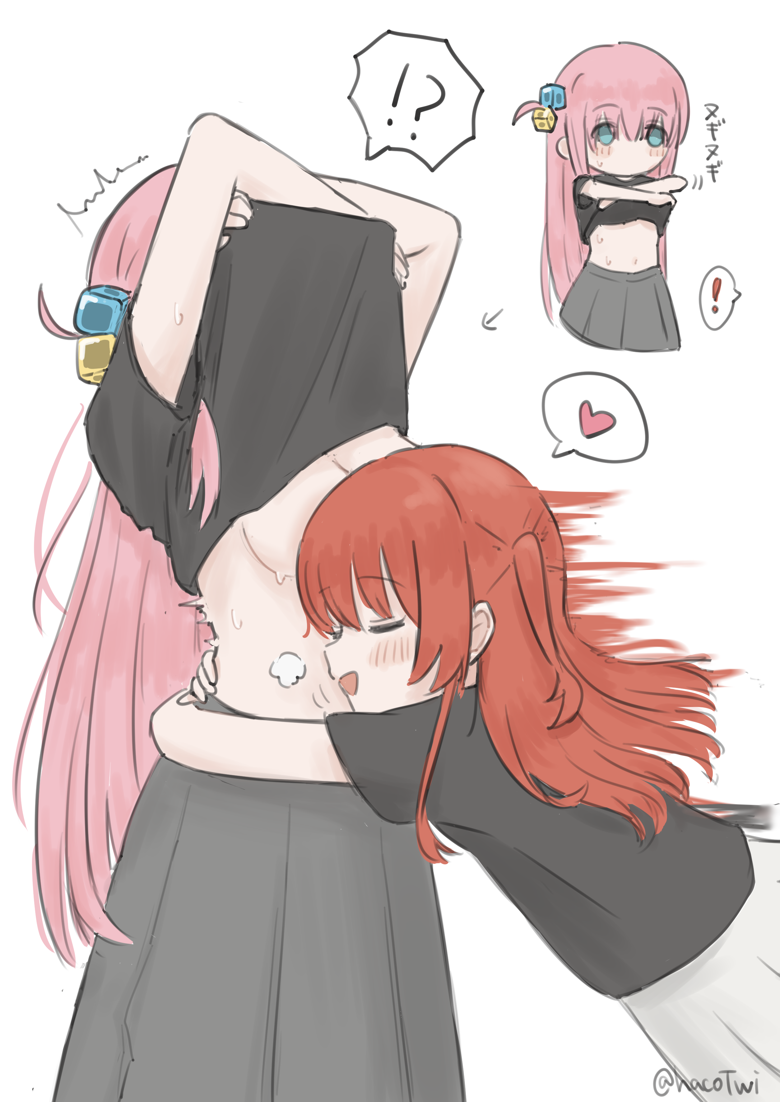 gotoh hitori, kita ikuyo, bocchi the rock!, absurdres, commentary request, highres, revision, !?, 2girls, black shirt, blue eyes, breasts, closed eyes, clothes lift, cube hair ornament, grey skirt, haco (user usmg5523), hair ornament, heart, hug, large breasts, long hair, multiple girls, one side up, open mouth, pink hair, pleated skirt, red hair, shirt, shirt lift, simple background, skirt, smile, spoken heart, spoken interrobang, white background, yuri