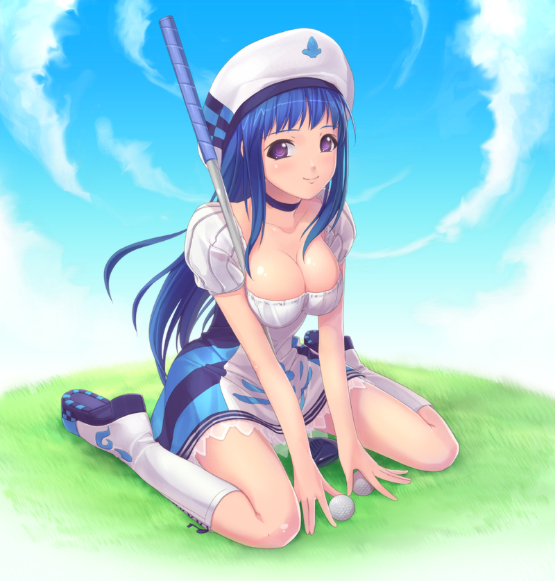 ama mitsuki, arin (pangya), pangya, 1girl, ball, beret, blue hair, boots, breasts, choker, cleavage, cloud, day, dress, female focus, golf, golf ball, golf club, grass, hat, knee boots, long hair, medium breasts, purple eyes, sitting, sky, solo, wariza, white boots