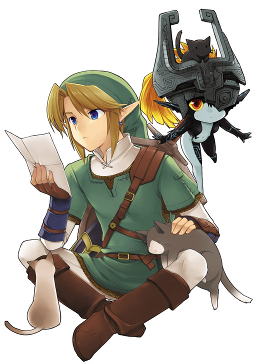 arima (yukagen), link, midna, nintendo, the legend of zelda, the legend of zelda: twilight princess, armor, blue eyes, brown hair, cat, chainmail, colored skin, earrings, full body, gloves, hat, headpat, helmet, jewelry, multicolored skin, one eye covered, pointy ears, red eyes, shield, shield on back, simple background, sitting, two-tone skin, white background
