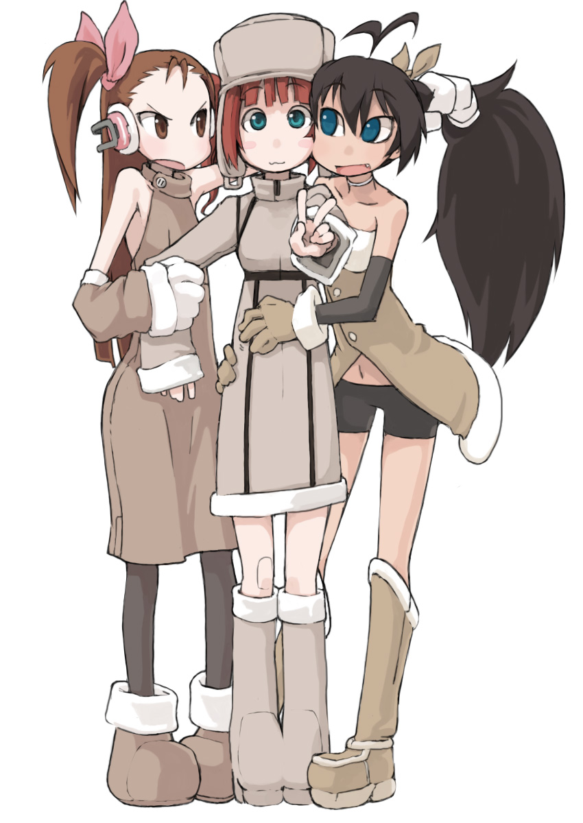 tugeneko, ganaha hibiki, minase iori, takatsuki yayoi, idolmaster, idolmaster (classic), idolmaster 1, highres, 00s, 3girls, :3, alternate hairstyle, angry, bare shoulders, bike shorts, blue eyes, boots, brown eyes, brown hair, detached sleeves, fang, female focus, gloves, grabbing another's hair, green eyes, hat, holding another's hair, long hair, multiple girls, open mouth, pantyhose, ponytail, red hair, shorts, simple background, skirt, smile, v, winter clothes