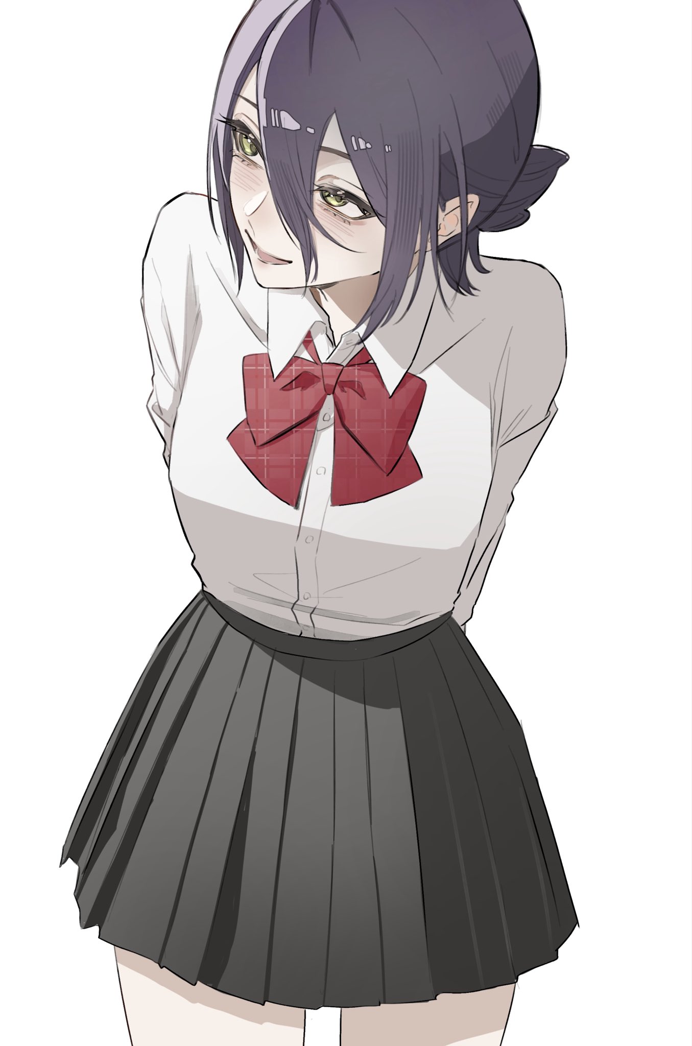 reze (chainsaw man), chainsaw man, highres, 1girl, black skirt, bow, bowtie, collared shirt, green eyes, hair between eyes, long sleeves, mahiru mm, open mouth, pleated skirt, purple hair, red bow, red bowtie, school uniform, shirt, shirt tucked in, simple background, skirt, solo, white background