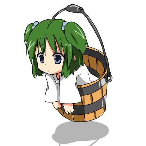 morino harifu, kisume, touhou, lowres, 1girl, :o, blue eyes, bucket, female focus, floating, green hair, hair bobbles, hair ornament, in bucket, in container, short hair, simple background, solo, twintails