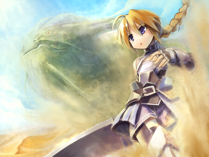 edobox, girl with a blonde braid (tomoshibi hidekazu), original, 1girl, armor, blonde hair, blue eyes, borrowed character, braid, female focus, gauntlets, solo, sword, weapon