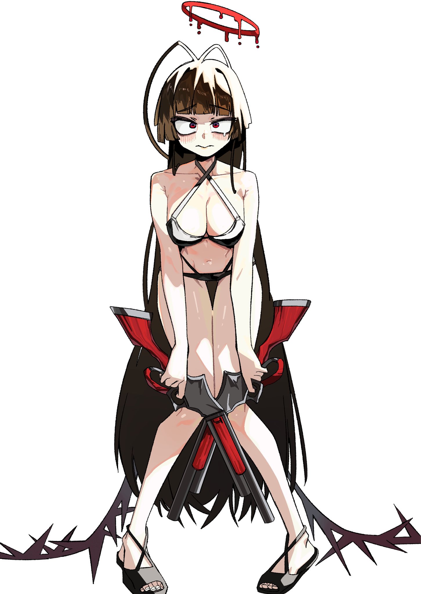 go d e, tsurugi (blue archive), tsurugi (swimsuit) (blue archive), blue archive, highres, 1girl, bikini, black bikini, black hair, black wings, blood, blood halo, breasts, closed mouth, dual wielding, gun, halo, holding, large breasts, liquid halo, long hair, low wings, navel, official alternate costume, red eyes, sandals, shotgun, solo, swimsuit, very long hair, weapon, wings