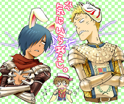 assassin cross (ragnarok online), ikezawa kazuma, knight (ragnarok online), koiso kenji, professor (ragnarok online), ragnarok online, summer wars, commentary request, lowres, translation request, 3boys, akasina, anger vein, animal ears, armor, assassin cross (ragnarok online) (cosplay), blonde hair, blue hair, brown shirt, chainmail, checkered background, cosplay, crossed arms, emblem, fox mask, frown, gauntlets, green background, jinnouchi shouta, knight (ragnarok online) (cosplay), lightning glare, long bangs, looking at another, male focus, mask, mask on head, multiple boys, professor (ragnarok online) (cosplay), rabbit boy, rabbit ears, red scarf, red shirt, scarf, sharp teeth, shirt, short bangs, short hair, teeth, upper body
