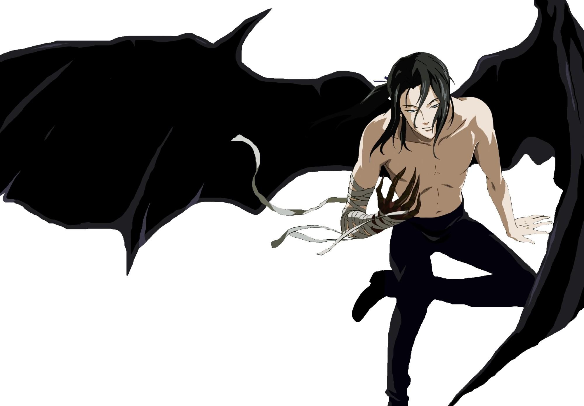 hagi (blood+), blood+, highres, official art, third-party edit, third-party extraction, 00s, 1boy, bandages, bat wings, black hair, male focus, monster boy, ponytail, simple background, sitting, solo, topless male, wings