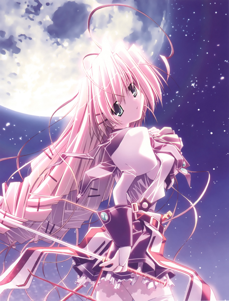 oono tetsuya, priecia, prism ark, 00s, 1girl, ahoge, female focus, moon, night, pink hair, school uniform, skirt, solo, star (symbol), sword, weapon