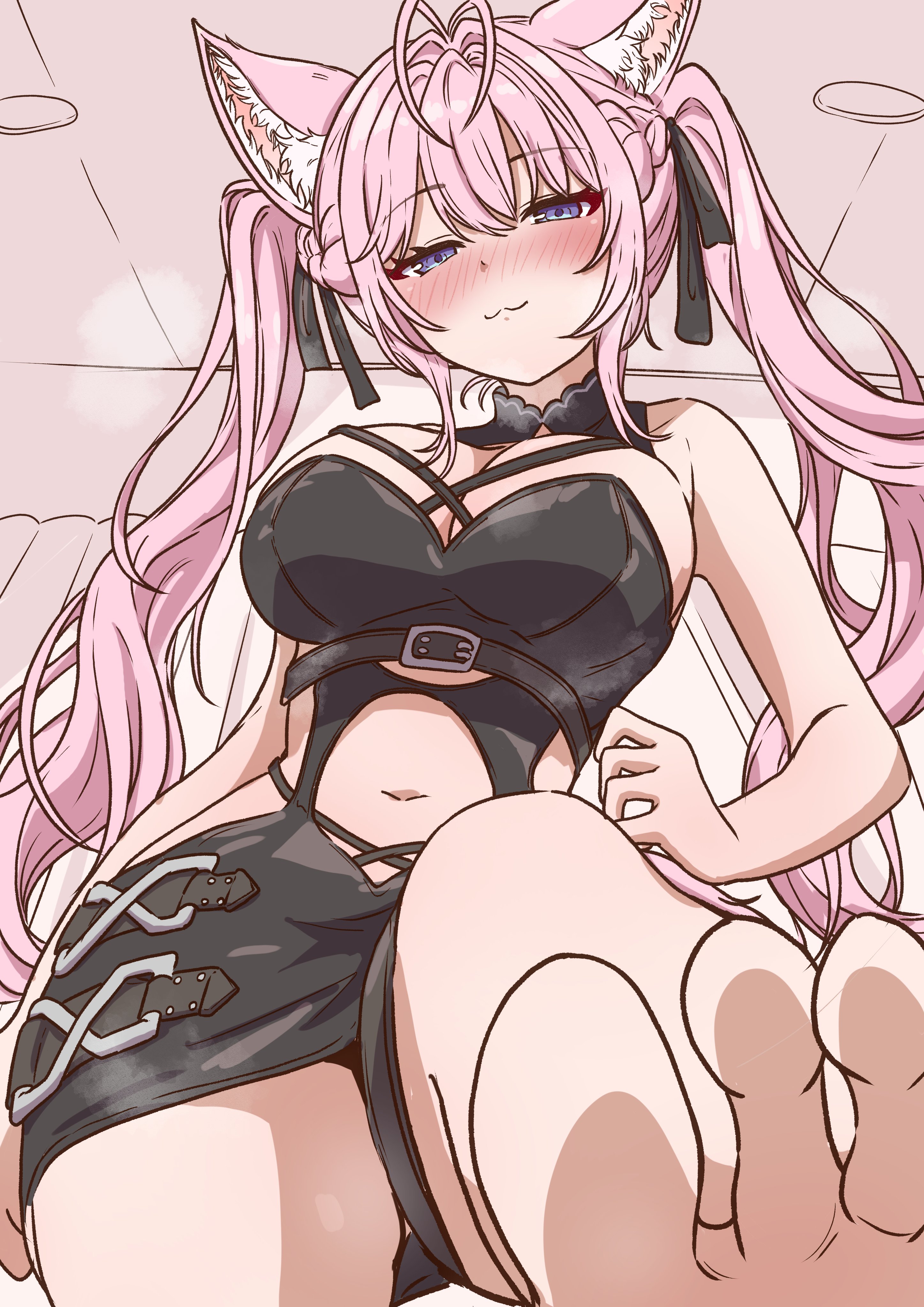 aka fuji, hakui koyori, hololive, absurdres, commentary, hashtag-only commentary, highres, 1girl, :3, animal ears, antenna hair, bare shoulders, barefoot, belt, black belt, black dress, black ribbon, blush, braid, breasts, closed mouth, dress, feet, hair between eyes, hair ribbon, indoors, large breasts, long hair, looking at viewer, navel, pink eyes, purple eyes, ribbon, smile, solo, stomach, thighs, toes, twintails, virtual youtuber, wolf ears, wolf girl