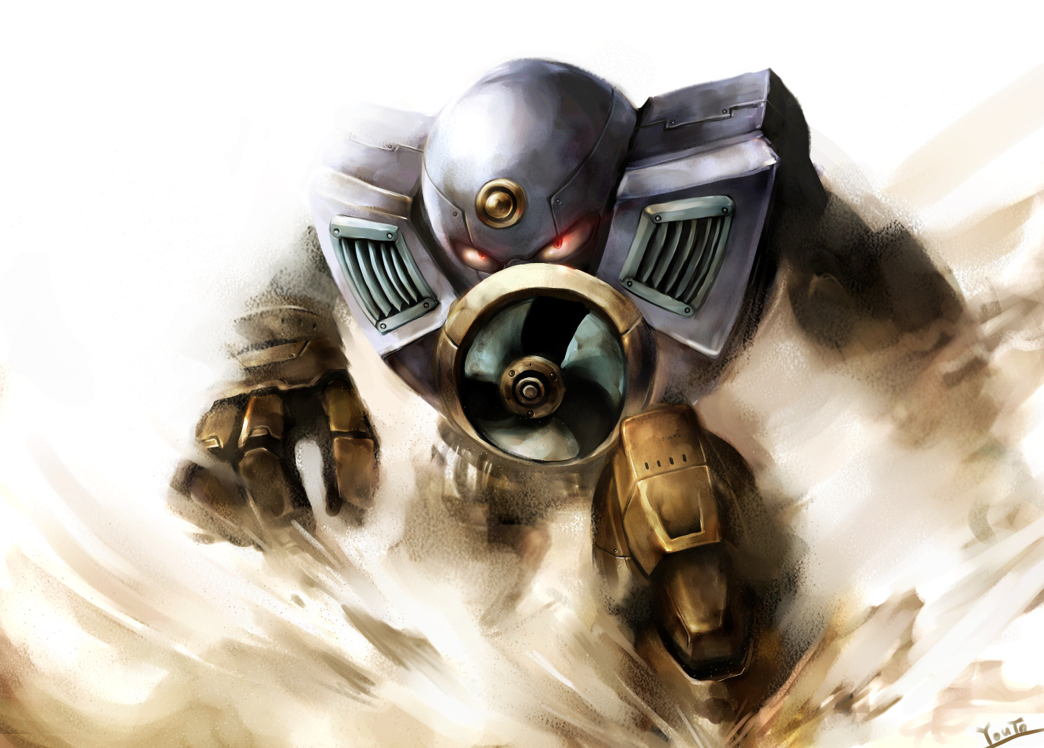 nabenko, air man, capcom, mega man (classic), mega man (series), mega man 2, bad id, bad pixiv id, 1boy, hand fan, male focus, mecha, robot, signature, solo