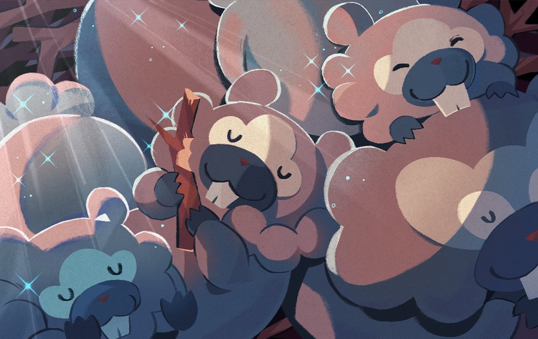 nova borealis, bibarel, bidoof, nintendo, pokemon, animal focus, buck teeth, closed eyes, closed mouth, gen 4 pokemon, holding, holding stick, no humans, pokemon (creature), pokemon focus, sleeping, smile, star (symbol), stick, teeth