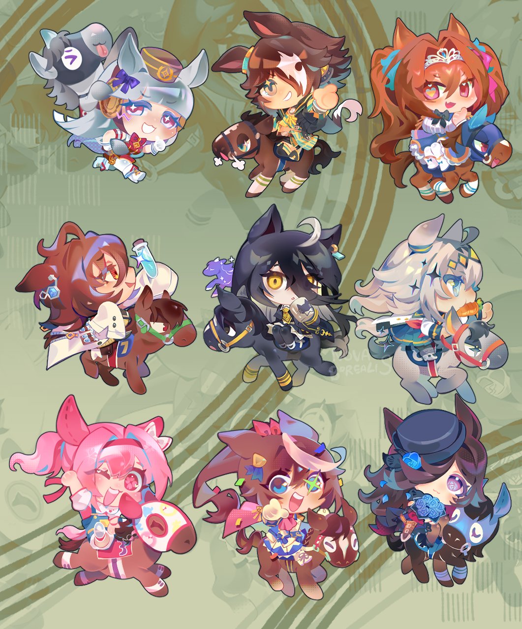 nova borealis, agnes tachyon (racehorse), agnes tachyon (tach-nology) (umamusume), agnes tachyon (umamusume), daiwa scarlet (peak blue) (umamusume), daiwa scarlet (umamusume), gold ship (racehorse), gold ship (red strife) (umamusume), gold ship (umamusume), haru urara (casual) (umamusume), haru urara (racehorse), haru urara (umamusume), manhattan cafe (creeping black) (umamusume), manhattan cafe (umamusume), oguri cap (racehorse), oguri cap (starlight beat) (umamusume), oguri cap (umamusume), rice shower (racehorse), rice shower (rosy dreams) (umamusume), rice shower (umamusume), tokai teio (peak joy) (umamusume), tokai teio (racehorse), tokai teio (umamusume), vodka (racehorse), vodka (umamusume), vodka (wild top gear) (umamusume), umamusume, highres, > <, 6+girls, ahoge, animal ears, arm up, armband, ascot, black coat, black hair, black horse, black jacket, black necktie, black pantyhose, black shorts, black thighhighs, blue dress, blue eyes, blue flower, blue hat, blue jacket, blue overalls, blue rose, blue sailor collar, blue skirt, blunt bangs, blush, boots, bow, bowtie, breasts, bridle, brown eyes, brown hair, brown hat, brown horse, cape, carrot, carrying, center frills, chibi, closed eyes, closed mouth, coat, coffee mug, collared shirt, creature and personification, crop top, cup, dagger, daiwa major (racehorse), dress, ear bow, ear covers, ear ornament, ear ribbon, ear tag, earrings, epaulettes, fang, fascinator, flipped hair, flower, flower-shaped pupils, flower in eye, food in mouth, framed breasts, frills, fur choker, gloves, grey hair, grey tail, hair between eyes, hair intakes, hair ornament, hair over one eye, hairband, hat, hat flower, headband, high ponytail, holding, holding cup, holding test tube, horse, horse ears, horse girl, horse mask, horse tail, horseback riding, huge ahoge, jacket, jewelry, knife, lab coat, large breasts, layered skirt, leggings, long bangs, long hair, long hair between eyes, long sleeves, looking at viewer, manhattan cafe (racehorse), mask, medium hair, midriff, mug, multicolored hair, multicolored jacket, multiple girls, neckerchief, necktie, off-shoulder dress, off shoulder, open mouth, overall shorts, overalls, pantyhose, personification, piggyback, pillbox hat, pink ascot, pink cape, pink eyes, pink hair, pink headband, pink shirt, ponytail, purple bow, purple eyes, red bow, red bowtie, red cape, red dress, red eyes, red headband, red neckerchief, riding, role reversal, rose, saddle, sailor collar, sheath, sheathed, shirt, shoes, short necktie, short sleeves, shorts, single earring, single epaulette, skin fang, skirt, sleeveless, sleeveless dress, sleeves past fingers, sleeves past wrists, smile, star (symbol), star in eye, streaked hair, striped armband, striped clothes, sweater, sweater vest, symbol-shaped pupils, symbol in eye, tail, teeth, test tube, thighhighs, tiara, tilted headwear, tongue, tongue out, twintails, two-tone hair, two-tone jacket, two-tone skirt, upper teeth only, very long hair, weapon, white boots, white coat, white gloves, white hair, white jacket, white leggings, white pantyhose, white shirt, white skirt, wolf cut, yellow eyes, yellow necktie, yellow sweater, yellow sweater vest
