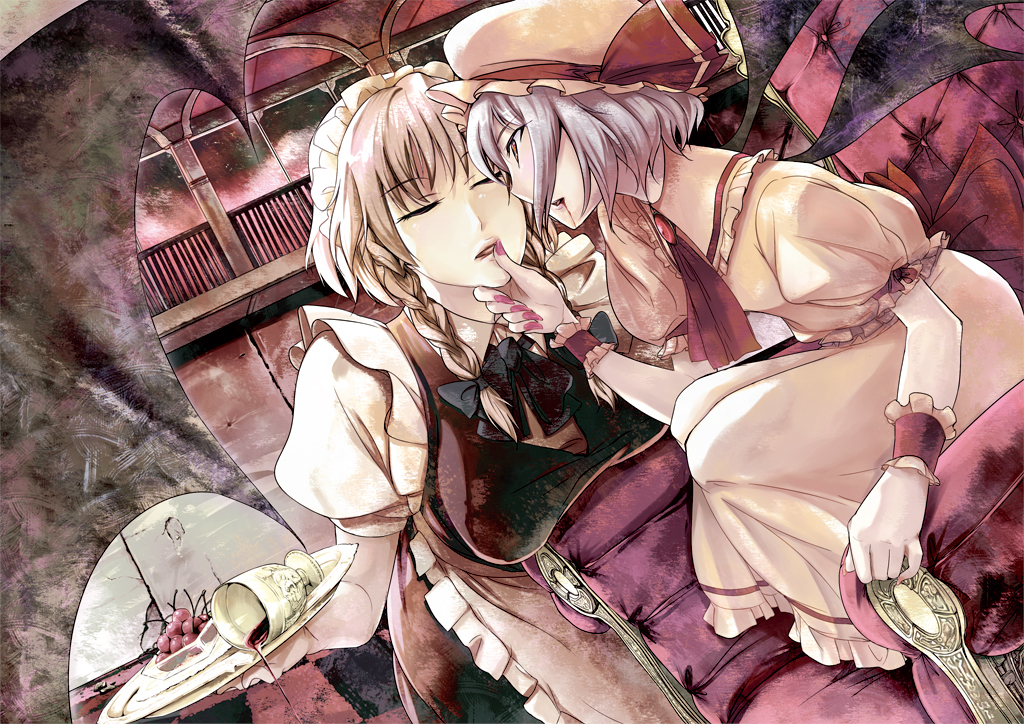 nibante, izayoi sakuya, remilia scarlet, touhou, silver hair, bad id, bad pixiv id, 2girls, :d, apron, blue dress, dress, dutch angle, female focus, hat, indoors, mob cap, multiple girls, open mouth, puffy short sleeves, puffy sleeves, short hair, short sleeves, sidelocks, smile, waist apron, yuri