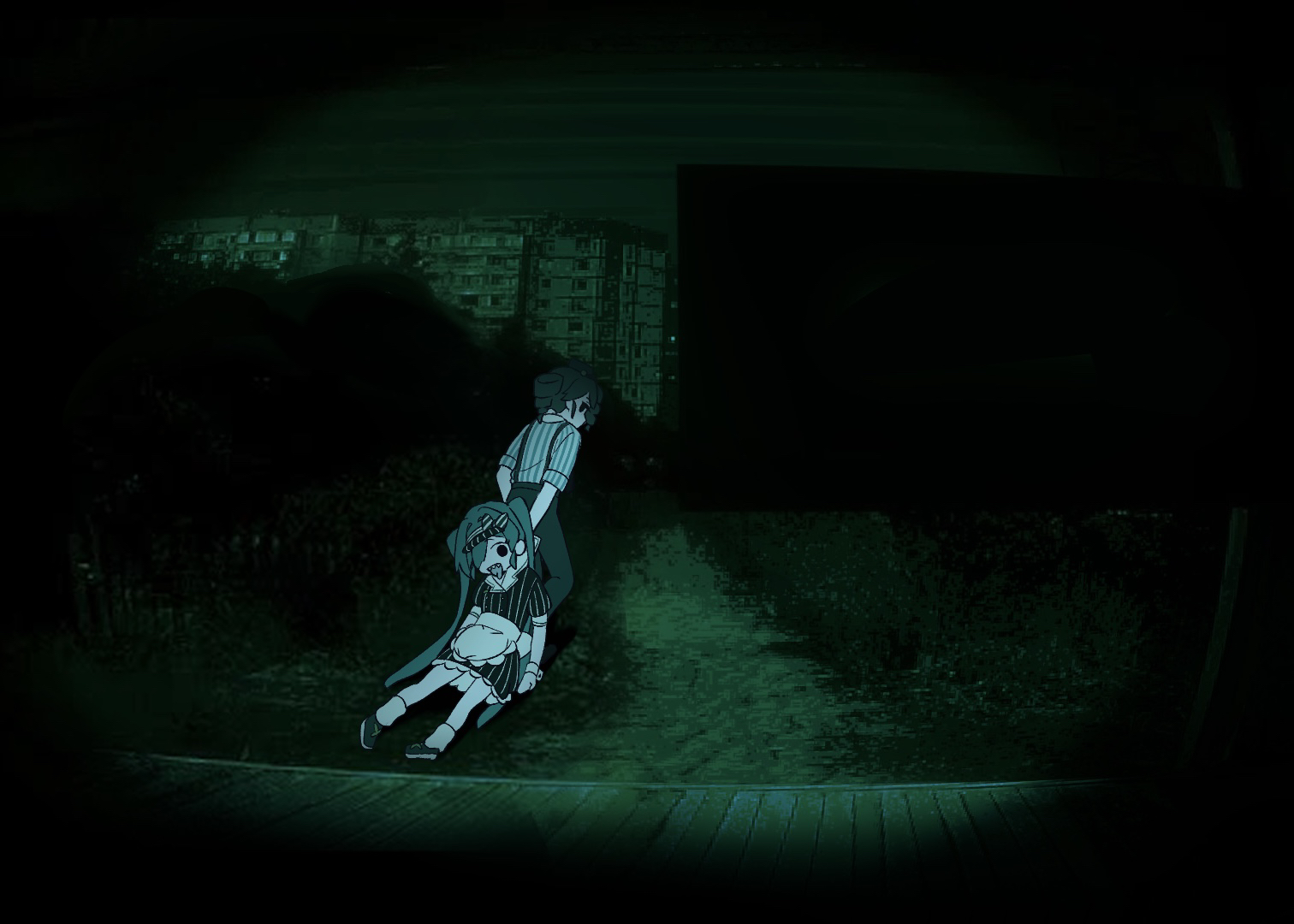 tamakiwachi, hatsune miku, kasane teto, mesmerizer (vocaloid), no i'm not a human, vocaloid, commentary, symbol-only commentary, 2girls, crossover, dragging, dress, drill hair, fake screenshot, gloves, hair over one eye, hat, long hair, looking at viewer, looking back, medium hair, multiple girls, night, outdoors, overalls, pinstripe dress, pinstripe pattern, pinstripe shirt, shirt, shoes, sneakers, socks, twin drills, twintails, very long hair, visor cap, walking away