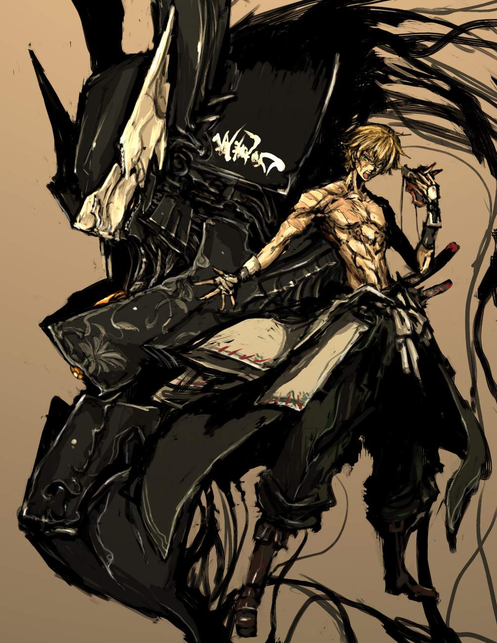 moto murabito, graham aker, masurao, mister bushido, susanowo, gundam, gundam 00, highres, traditional media, 00s, katana, male focus, mask, mecha, robot, scar, solo, sword, topless male, weapon