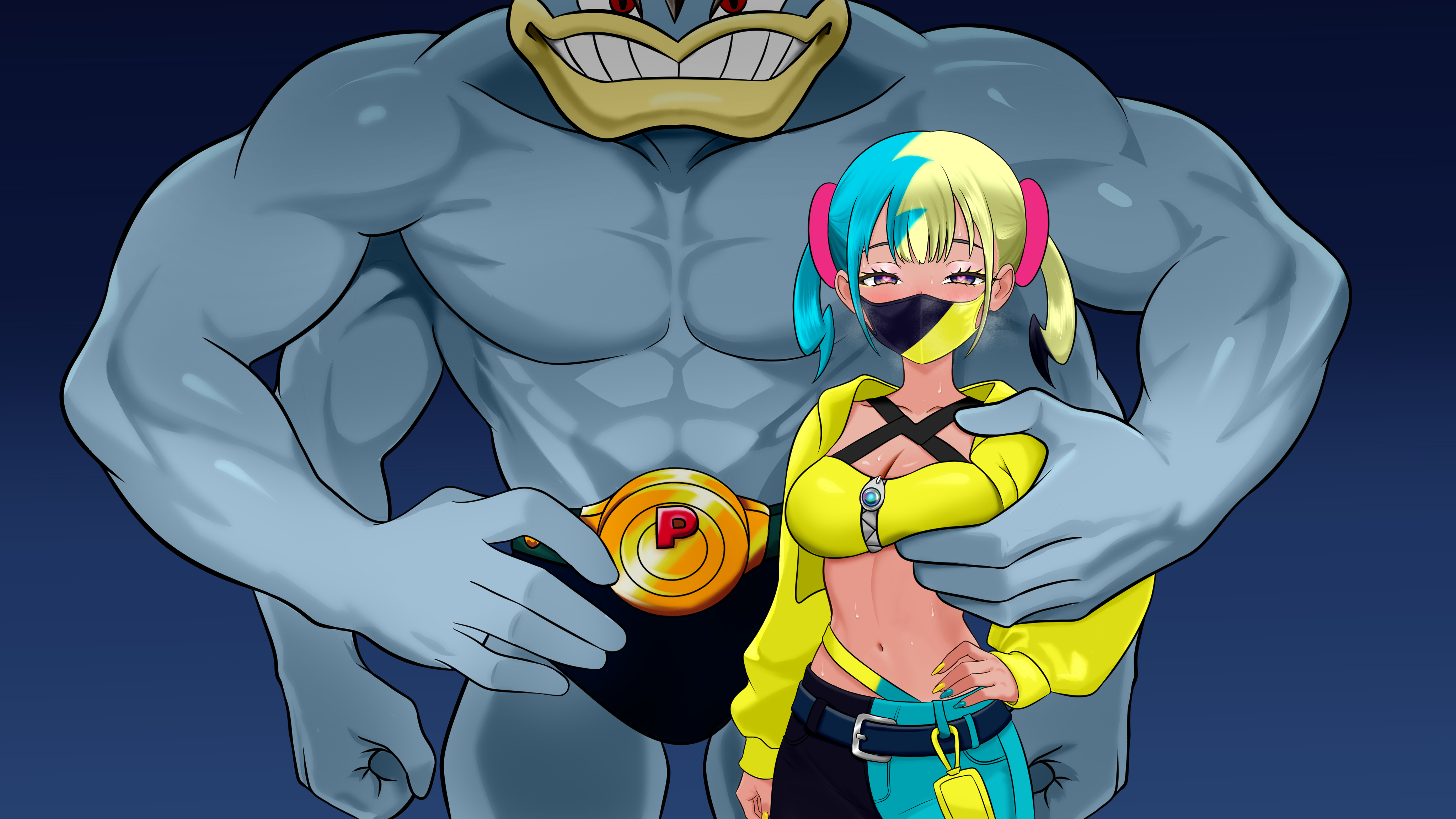 canari (pokemon), machamp, nintendo, pokemon, pokemon legends: z-a, absurdres, highres, 1girl, aqua hair, black mask, blonde hair, criss-cross halter, crop top, extra arms, gen 1 pokemon, halterneck, jacket, mask, midriff, mouth mask, multicolored hair, muscular, navel, pokemon (creature), short twintails, smile, split-color hair, twintails, two-tone hair, two-tone mask, unsaltyfish0120, yellow jacket, yellow mask
