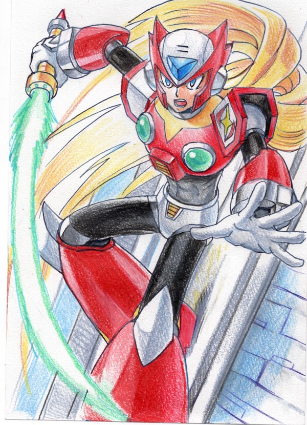 hijiriiyaa, zero (mega man), mega man (series), mega man x (series), krita (medium), traditional media, 1boy, armor, blonde hair, blue eyes, chest jewel, energy sword, forehead jewel, full body, helmet, long hair, red armor, red helmet, solo, sword, weapon, z saber