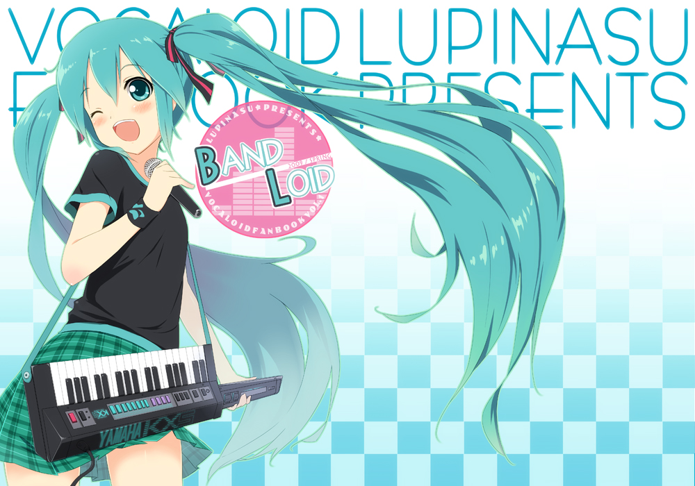 tsukina (artist), hatsune miku, vocaloid, bad id, bad pixiv id, 1girl, aqua eyes, aqua hair, female focus, instrument, keytar, long hair, microphone, one eye closed, open mouth, plaid clothes, plaid skirt, shirt, skirt, smile, solo, t-shirt, twintails, very long hair, wink