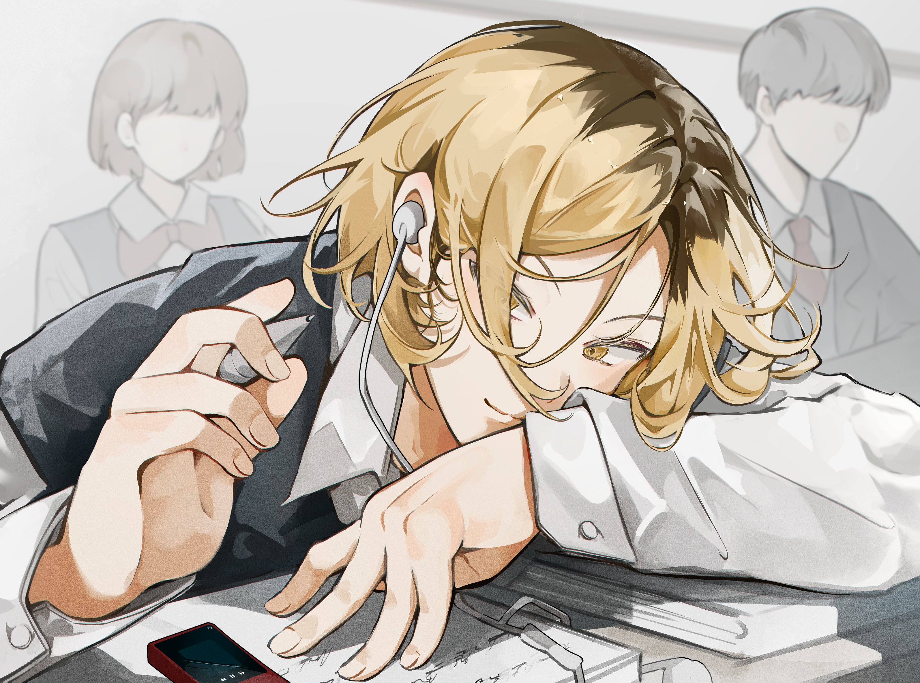 myanya, kozume kenma, haikyuu!!, highres, 1girl, 2boys, black hair, blonde hair, closed mouth, collared shirt, earphones, eyes visible through hair, faceless, faceless female, faceless male, fingernails, holding, holding pen, male focus, multicolored hair, multiple boys, pen, roots (hair), shirt, short hair, smile, solo focus, sweater vest, two-tone hair, white shirt, yellow eyes