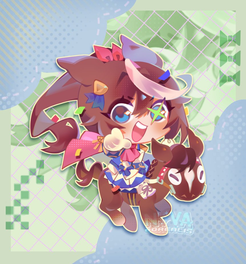 nova borealis, tokai teio (peak joy) (umamusume), tokai teio (racehorse), tokai teio (umamusume), umamusume, 1girl, animal ears, ascot, blue eyes, blue skirt, blush, boots, bow, brown hair, brown horse, cape, chibi, closed eyes, creature and personification, ear bow, ear ornament, ear ribbon, epaulettes, gloves, hair between eyes, high ponytail, horse, horse ears, horse girl, horse tail, horseback riding, jacket, long hair, long sleeves, looking at viewer, multicolored hair, multicolored jacket, open mouth, personification, pink ascot, pink cape, ponytail, red cape, riding, shirt, shoes, single epaulette, skirt, smile, star (symbol), star in eye, streaked hair, symbol in eye, tail, teeth, two-tone hair, two-tone jacket, two-tone skirt, upper teeth only, white boots, white gloves, white hair, white jacket, white skirt