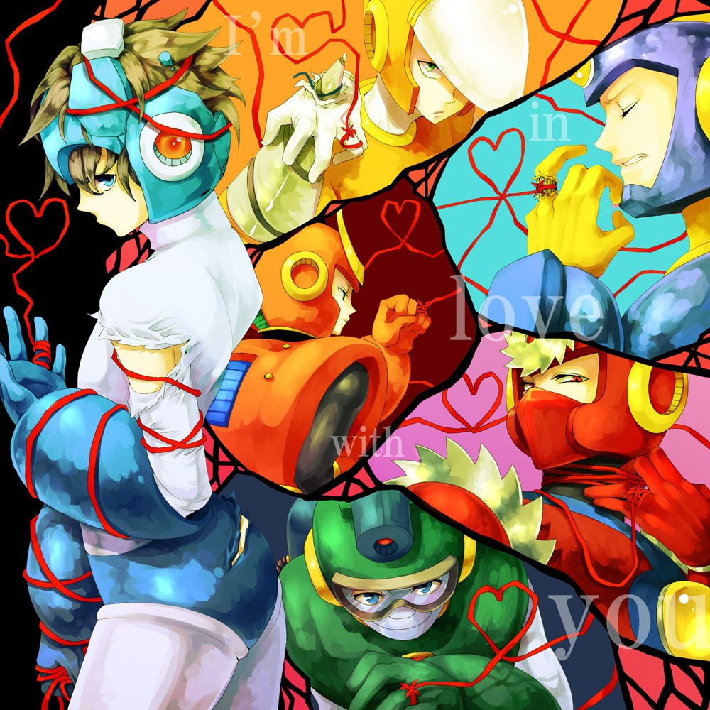hyadain, zakiko, zakki, bubble man, crash man, flash man, mega man (character), metal man, quick man, capcom, mega man (classic), mega man (series), mega man 2, bad id, bad pixiv id, 6+boys, fabulous, injury, male focus, multiple boys, string, string of fate, torn clothes, yaoi