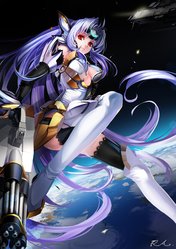 alphonse (white datura), kos-mos, kos-mos ver. 4, xenosaga, xenosaga episode iii, 00s, 1girl, android, armor, bare shoulders, black gloves, blue hair, breasts, earth (planet), elbow gloves, female focus, floating hair, gatling gun, gloves, gun, long hair, machine gun, planet, purple hair, red eyes, solo, space, thighhighs, underboob, very long hair, weapon