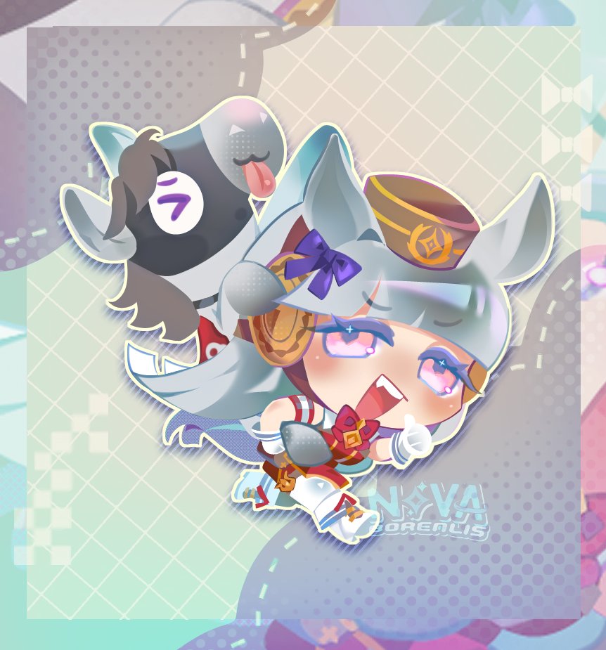 nova borealis, gold ship (racehorse), gold ship (red strife) (umamusume), gold ship (umamusume), umamusume, > <, 1girl, animal ears, armband, blunt bangs, blush, bow, bowtie, breasts, brown hat, carrying, chibi, closed eyes, closed mouth, creature and personification, dress, ear bow, fang, gloves, grey hair, hat, horse ears, horse girl, horse mask, horse tail, leggings, long hair, looking at viewer, mask, open mouth, pantyhose, personification, piggyback, pillbox hat, purple bow, purple eyes, red bow, red bowtie, red dress, role reversal, shoes, sleeveless, sleeveless dress, smile, striped armband, striped clothes, tail, teeth, tongue, tongue out, upper teeth only, white gloves, white leggings, white pantyhose