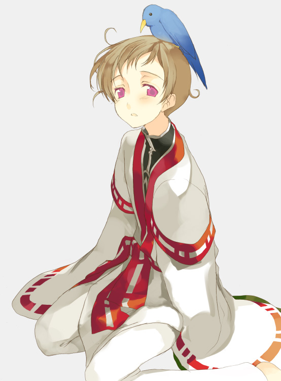 kaimuari, rolo lamperouge, code geass, bad id, bad pixiv id, 00s, 1boy, animal, animal on head, bird, bird on head, male focus, messy hair, on head, solo, yandere