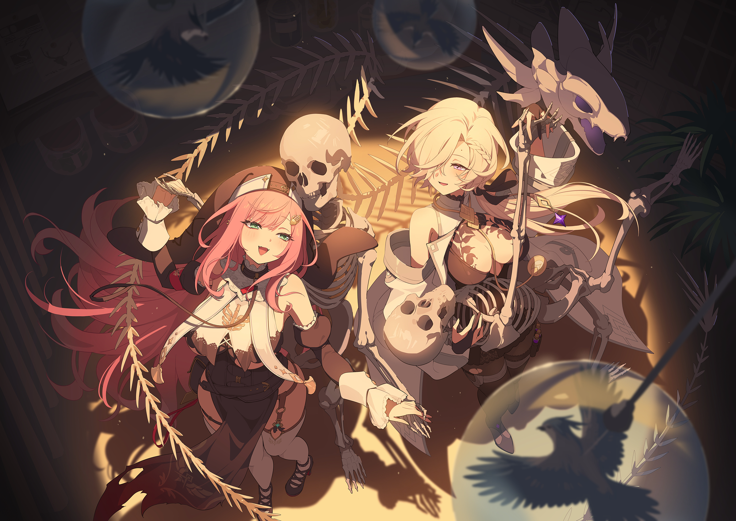 stella sora, game cg, highres, non-web source, official art, 2girls, :d, animal skeleton, aqua eyes, bare shoulders, bird, black dress, black pantyhose, black shoes, black veil, blonde hair, blush, breasts, cleavage, clothing cutout, coat, coronis (stella sora), dancing, detached sleeves, dress, eye contact, fangs, gerie (stella sora), hair over one eye, high heels, juliet sleeves, large breasts, long sleeves, looking at another, multiple girls, nun, off shoulder, one eye covered, open mouth, pantyhose, parted hair, pink hair, plunging neckline, puffy sleeves, purple eyes, shoes, short dress, skeleton, skin fangs, smile, thighhighs, torn clothes, torn pantyhose, underboob, underboob cutout, veil, waltz (dance), white coat, white thighhighs
