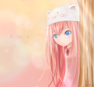 riku yuzuki, megurine luka, megurine luka (toeto), toeto (vocaloid), vocaloid, bad id, bad pixiv id, lowres, animal hat, cat hat, hat, peeking out, solo