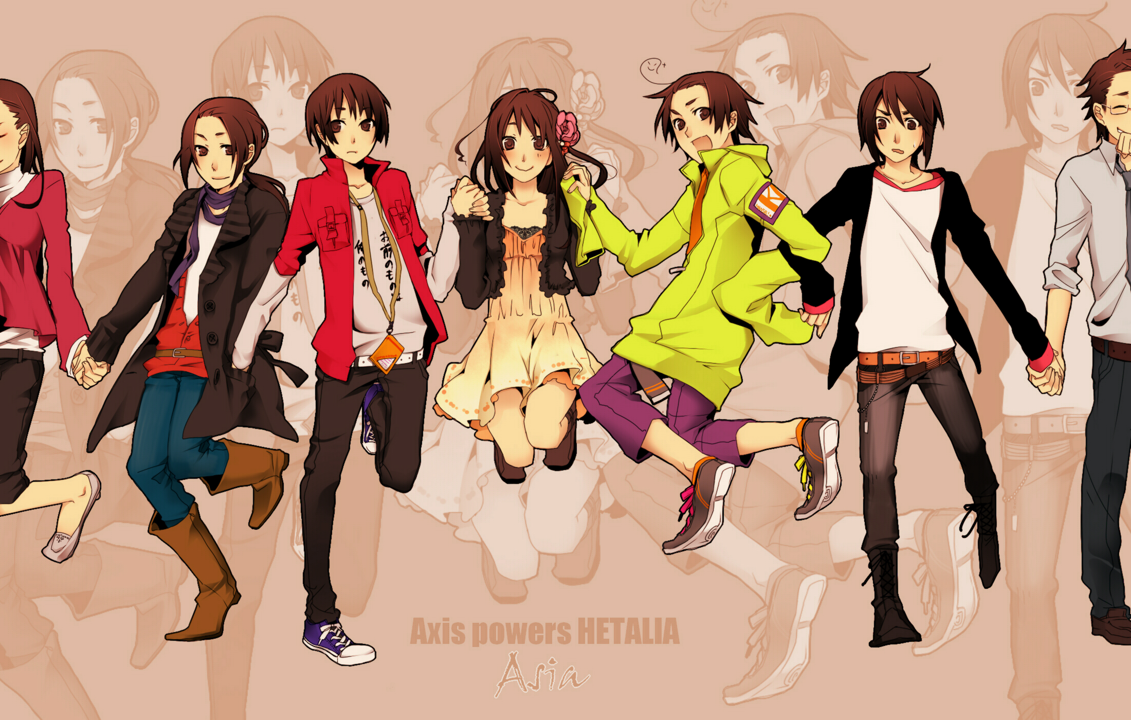 kon (pixiv345652), china (hetalia), hong kong (hetalia), japan (hetalia), korea (hetalia), taiwan (hetalia), thailand (hetalia), vietnam (hetalia), axis powers hetalia, annotated, bad id, bad pixiv id, highres, translation request, 00s, 2girls, 5boys, alternate costume, casual, contemporary, holding hands, jumping, multiple boys, multiple girls