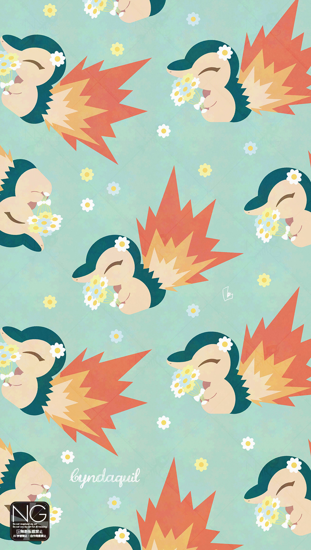 meme (sleepsheep), cyndaquil, nintendo, pokemon, highres, closed mouth, fire, flower, flower on head, gen 2 pokemon, holding, holding flower, no humans, pokemon (creature), pokemon focus, sitting, star (symbol)