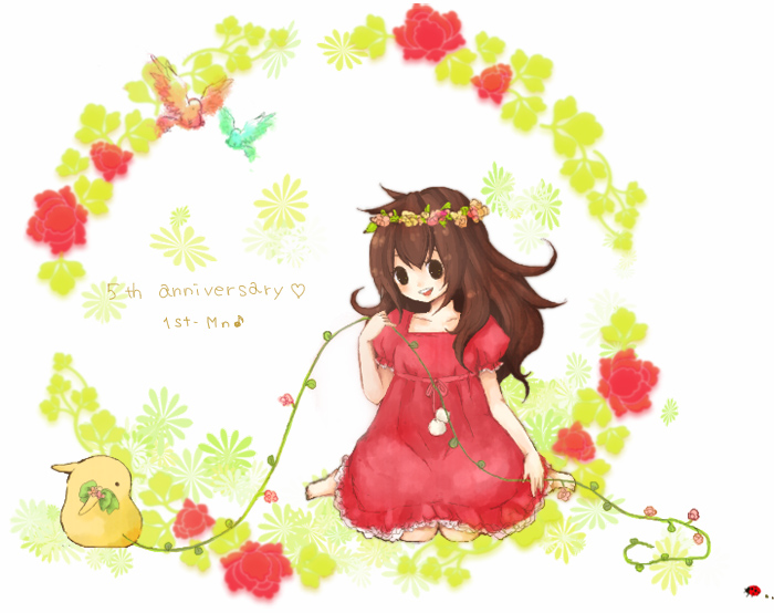 1st-mn, tsubomi-chan, barefoot, bird, brown hair, dress, flower, hair flower, hair ornament, solo