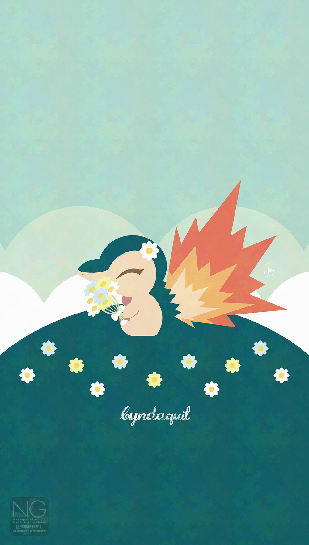 meme (sleepsheep), cyndaquil, nintendo, pokemon, highres, closed mouth, fire, flower, flower on head, gen 2 pokemon, holding, holding flower, no humans, pokemon (creature), pokemon focus, sitting, solo, star (symbol)