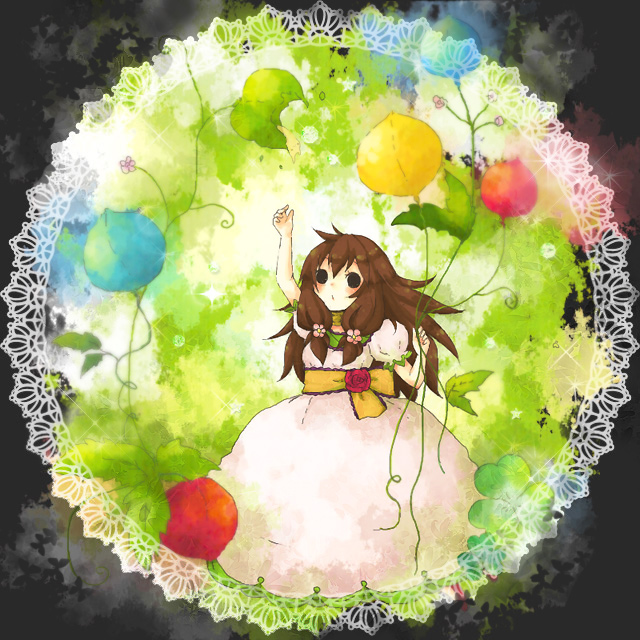 1st-mn, tsubomi-chan, balloon, brown hair, dress, flower, hair flower, hair ornament, rose, round image, solo