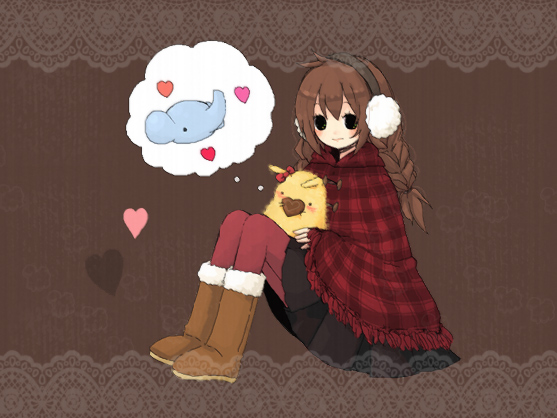 1st-mn, tsubomi-chan, original, plaid, 1girl, blush, boots, braid, brown background, brown hair, candy, chocolate, chocolate heart, earmuffs, elephant, elephants, female focus, food, heart, pantyhose, skirt, solo, spoken heart, stuffed animal, stuffed toy