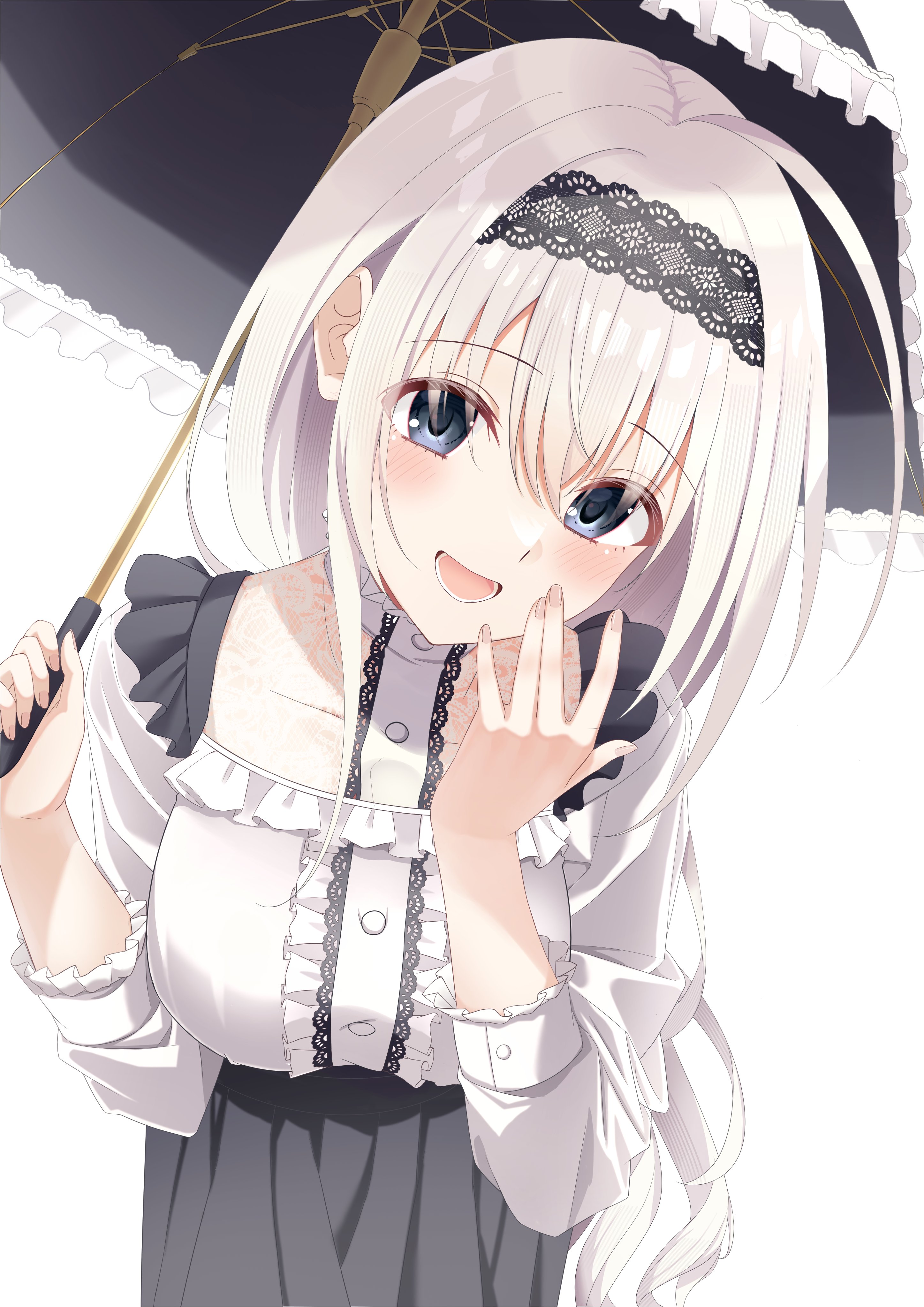 hikawa rina, sakura no toki, sakura no uta, absurdres, commentary, highres, 1girl, :d, ||/, black hairband, black skirt, black umbrella, blue eyes, blush, breasts, center frills, cowboy shot, cowlick, eyelashes, eyes visible through hair, fingernails, frilled shirt, frilled sleeves, frilled umbrella, frills, hair between eyes, hairband, hands up, happy, holding, holding umbrella, kimuratamashi, large breasts, leaning forward, long hair, long sleeves, looking at viewer, lower teeth only, open mouth, parasol, pleated skirt, shirt, simple background, skirt, smile, solo, tareme, teeth, umbrella, very long hair, white background, white hair, white shirt