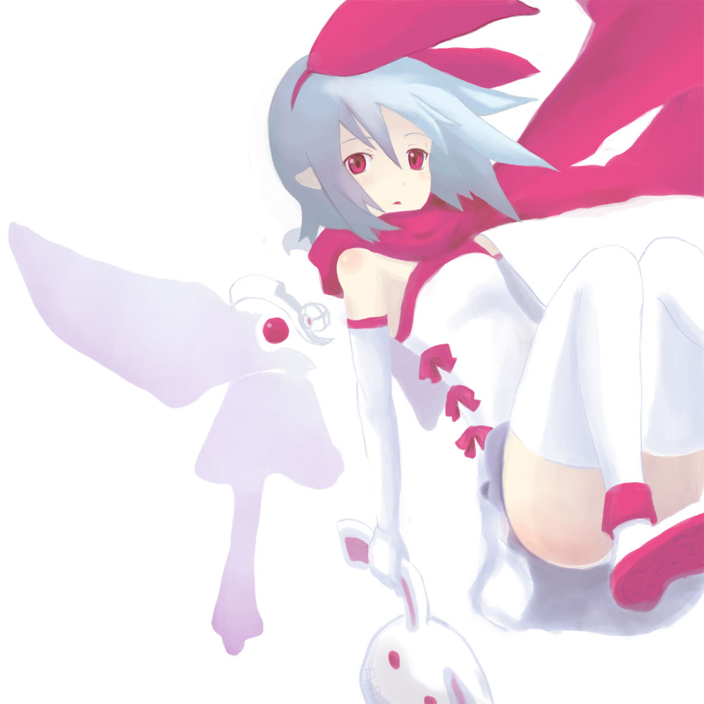 shiro-inu, pleinair, usagi-san, nippon ichi, original, 1girl, blue hair, bow, dress, elbow gloves, female focus, flat chest, gloves, hairband, pointy ears, rabbit, red eyes, scarf, short hair, solo, thighhighs