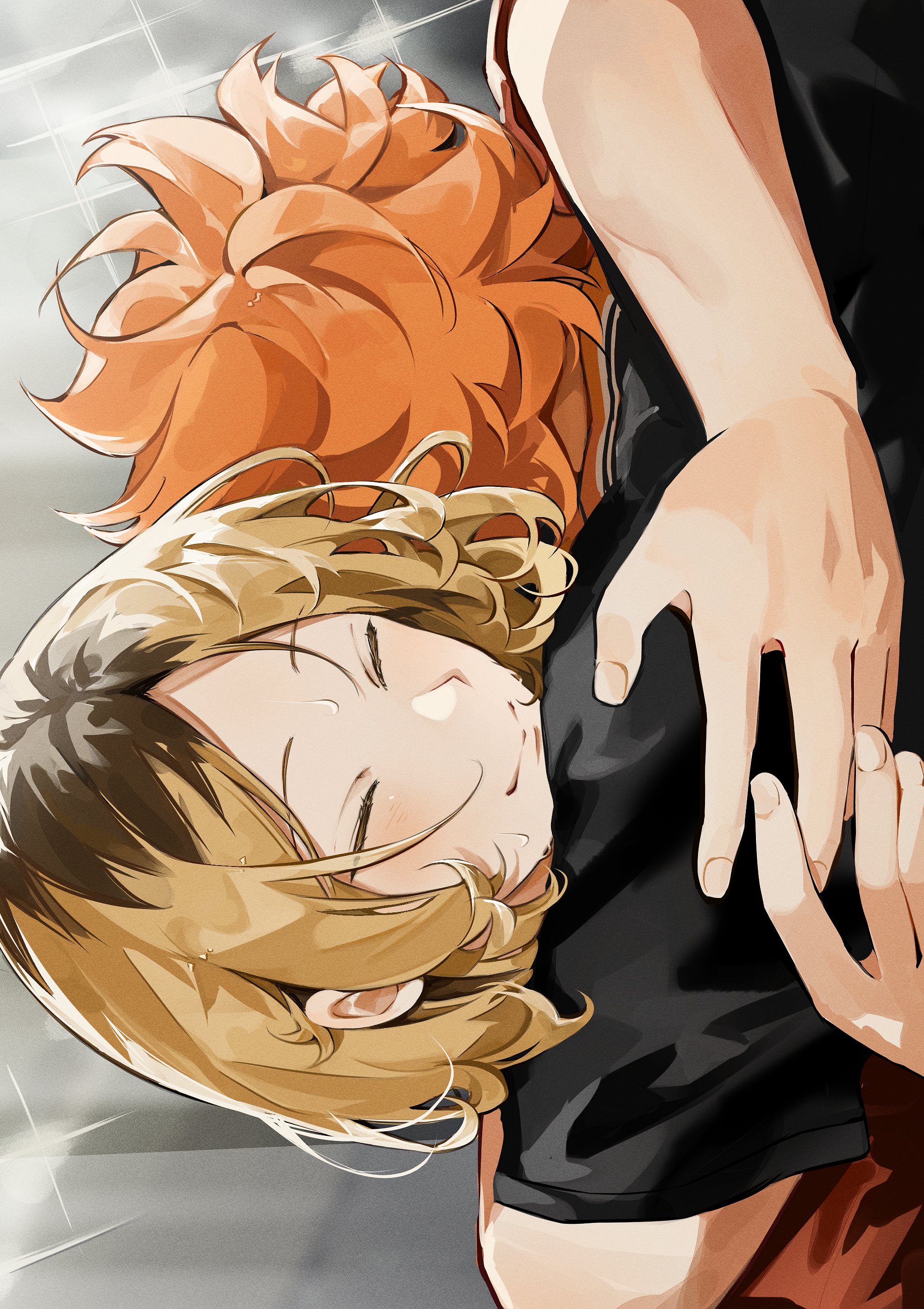 myanya, hinata shouyou, haikyuu!!, absurdres, commentary request, highres, korean commentary, 2boys, black hair, blonde hair, closed eyes, closed mouth, fingernails, happy, hug, karasuno volleyball uniform, male focus, multicolored hair, multiple boys, nekoma volleyball uniform, orange hair, roots (hair), sideways, smile, sportswear, sweat, two-tone hair, volleyball uniform