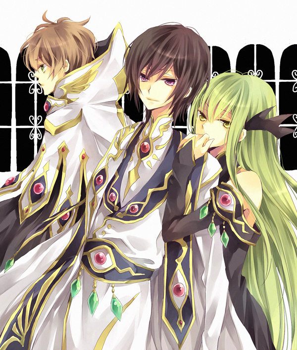 karu, yuzuki karu, c.c., kururugi suzaku, lelouch vi britannia, code geass, bad id, bad pixiv id, 00s, 1girl, 2boys, black hair, brown hair, cape, green eyes, green hair, long hair, multiple boys, purple eyes, very long hair, yellow eyes